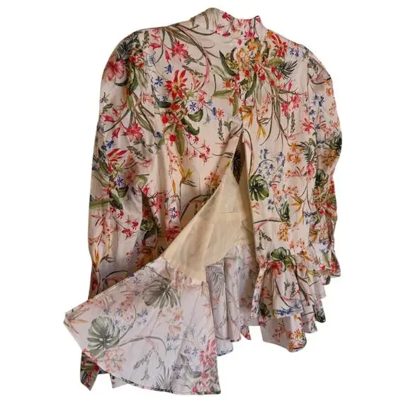 Hellessy Fitted Tie Front Floral Blouse with Ruffled Peplum Plunging V Neck s 2 - Picture 11 of 16